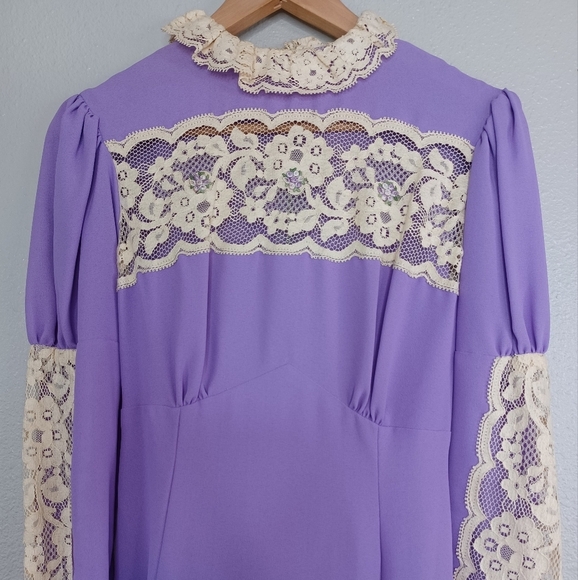 Vintage 60's Purple Mid Century Whimsigoth Prairie Cottagecore Lace Maxi Dress - Picture 3 of 16